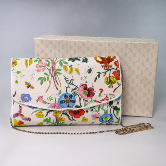 OLD Gucci　フローラWチェーンクラッチバッグ（白）