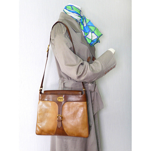 OLD Gucci バイカラー総革スクエアショルダー（茶×キャメル）