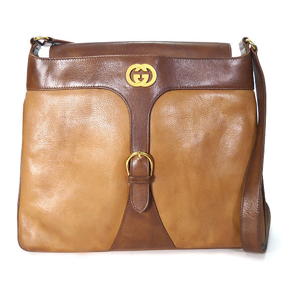 OLD Gucci バイカラー総革スクエアショルダー（茶×キャメル）