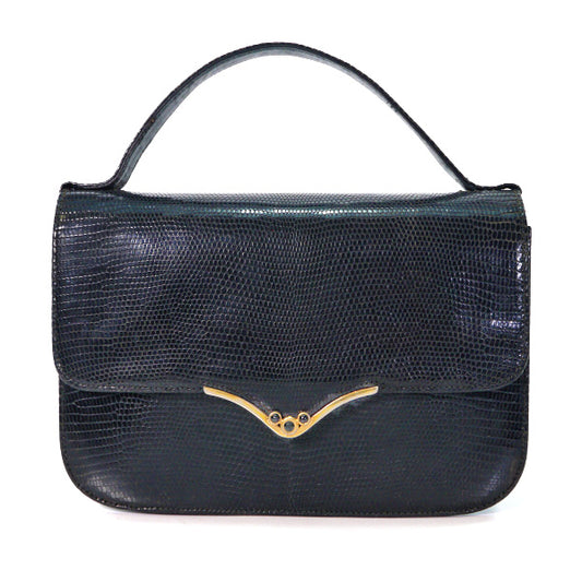 OLD Gucci  ブラックストーン付リザード ハンドバッグ（黒）