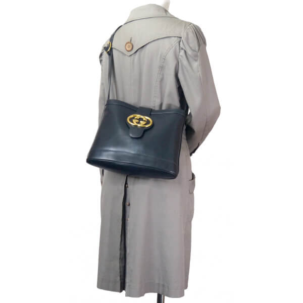OLD Gucci　総革GG金具バケツ型ショルダー（濃紺）