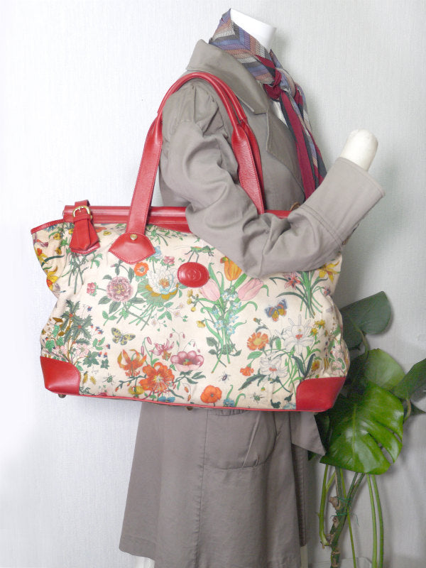 OLD Gucci　フローラ大型トートバッグ（赤）