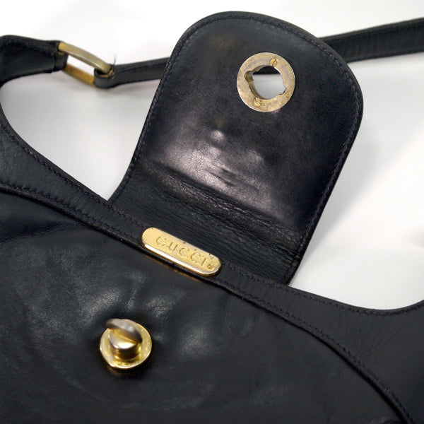 OLD Gucci レア!70s総革サイドシェリーショルダー（濃紺）