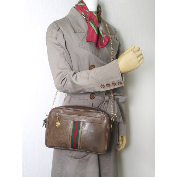 OLD Gucci ピグスキン横長チェーン付ショルダー（茶）