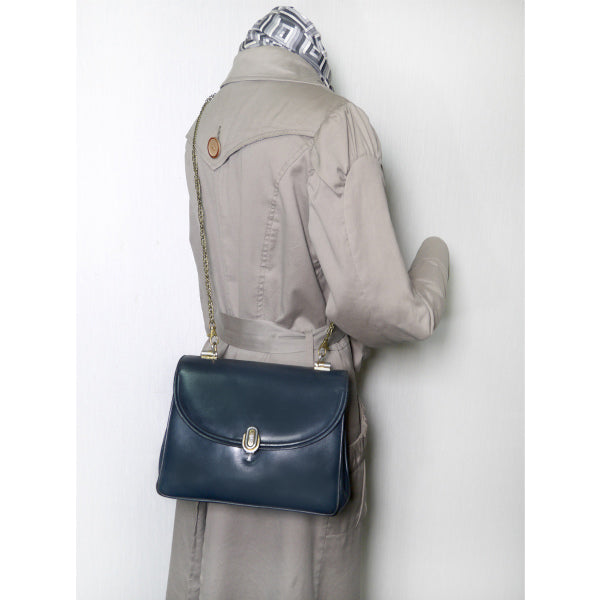 OLD Gucci　総革アコーディオン2WAYチェーンショルダー（紺）