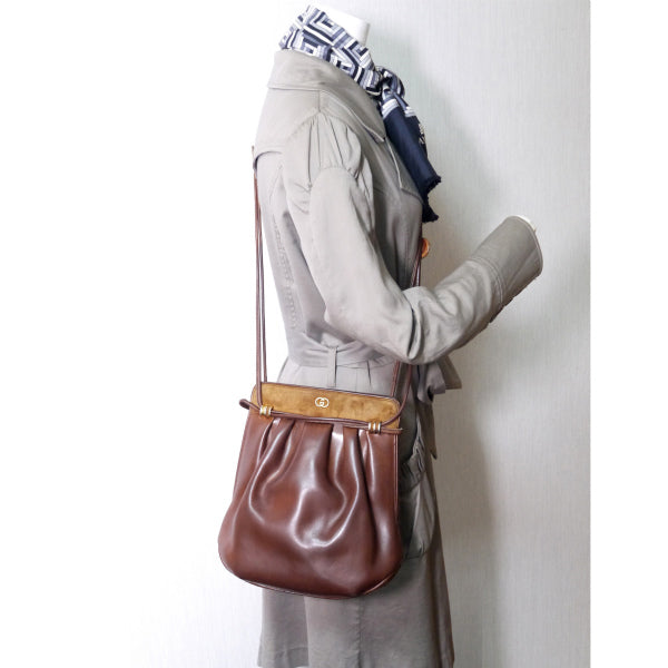 OLD Gucci 異素材MIX 総革Wショルダーポシェット（チョコ）
