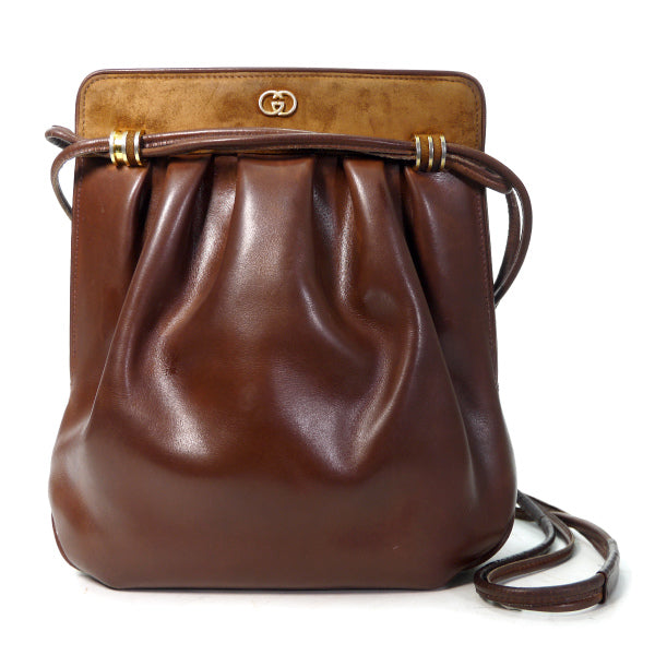 OLD Gucci 異素材MIX 総革Wショルダーポシェット（チョコ）