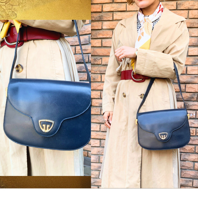 OLD Gucci　70sトライアングルGG総革2WAYショルダー（紺）