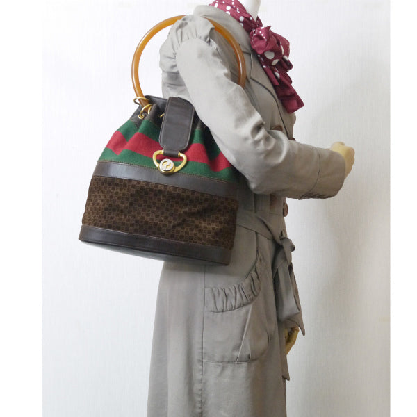 OLD Gucci　お宝！スクエアGG巾着べっ甲ハンドバッグ（濃茶/スエード）