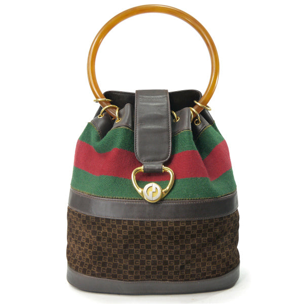 OLD Gucci　お宝！スクエアGG巾着べっ甲ハンドバッグ（濃茶/スエード）