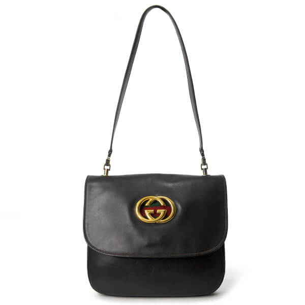 OLD Gucci 80s 総革インターロッキングG シェリーショルダー（濃茶）