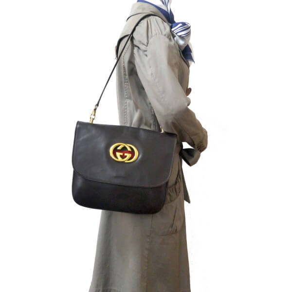 OLD Gucci 80s 総革インターロッキングG シェリーショルダー（濃茶）