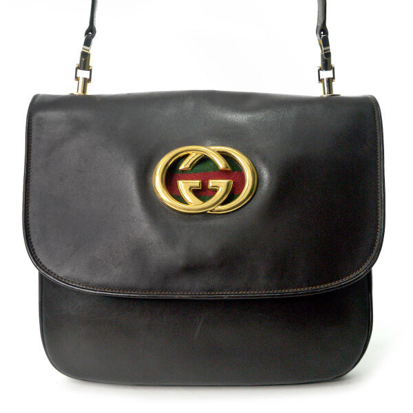 OLD Gucci 80s 総革インターロッキングG シェリーショルダー（濃茶）