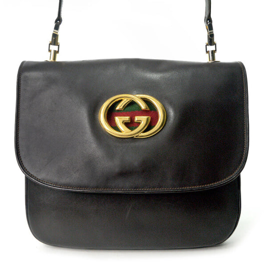 OLD Gucci 80s 総革インターロッキングG シェリーショルダー（濃茶）