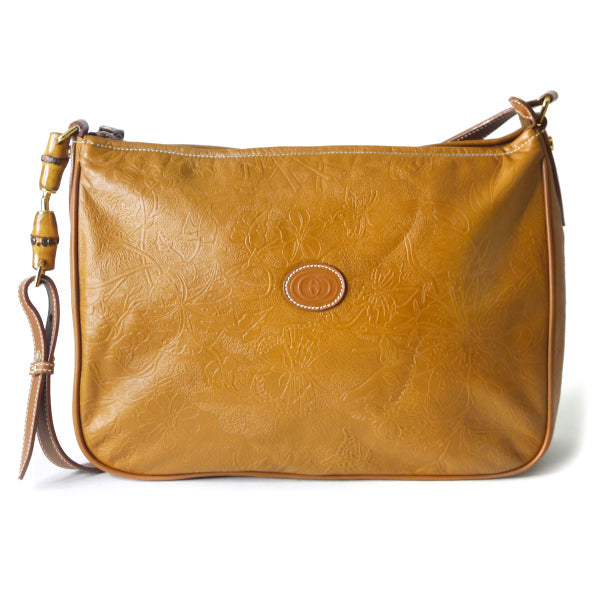 OLD Gucci　花柄エンボス加工A4レザーショルダー（キャメル）