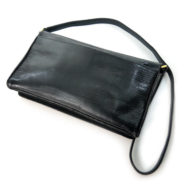OLD Gucci　稀少Gロゴ高級リザードショルダー（黒）