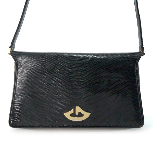 OLD Gucci　稀少Gロゴ高級リザードショルダー（黒）