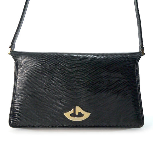OLD Gucci　稀少Gロゴ高級リザードショルダー（黒）