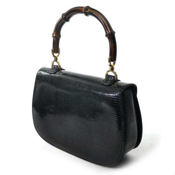 OLD Gucci バンブー高級ハンドバッグ（黒/リザード）