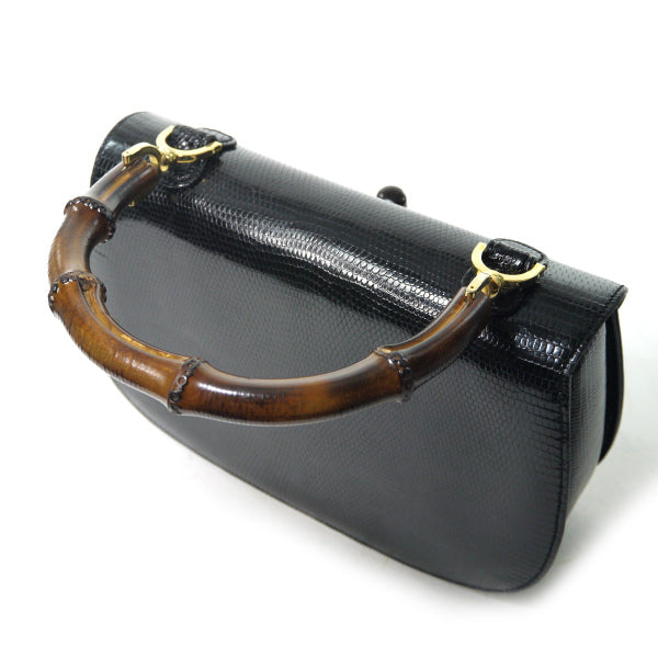 OLD Gucci バンブー高級ハンドバッグ（黒/リザード）