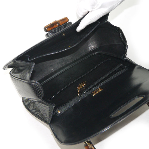 OLD Gucci バンブー高級ハンドバッグ（黒/リザード）