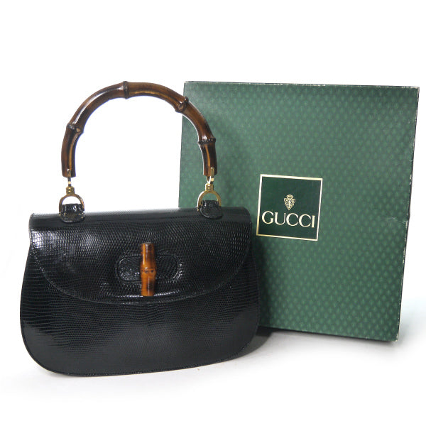 OLD Gucci バンブー高級ハンドバッグ（黒/リザード）