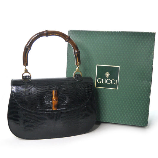 OLD Gucci バンブー高級ハンドバッグ（黒/リザード）