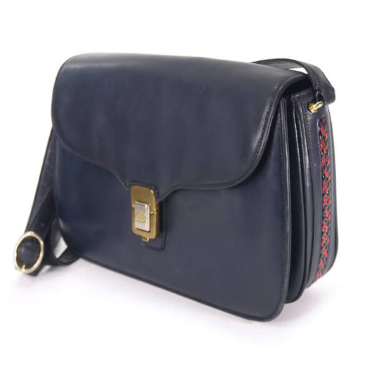 OLD Gucci サイド編み込みライン総革ショルダー（黒）