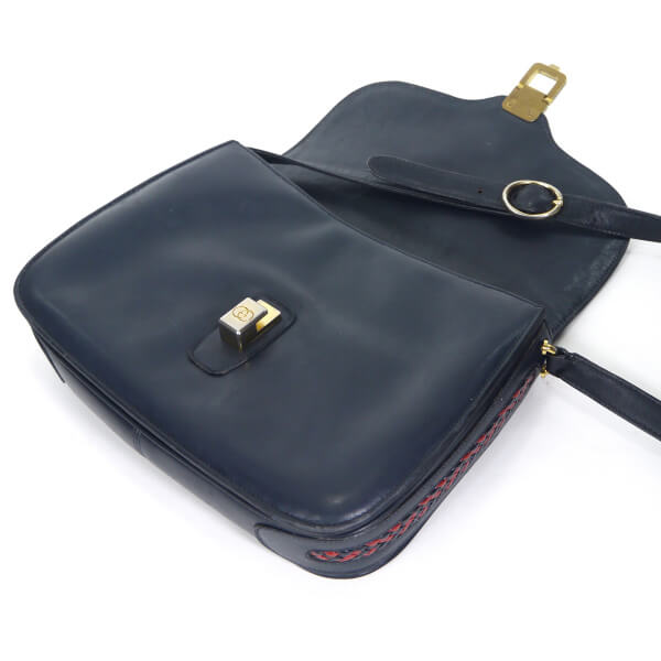 OLD Gucci サイド編み込みライン総革ショルダー（黒）