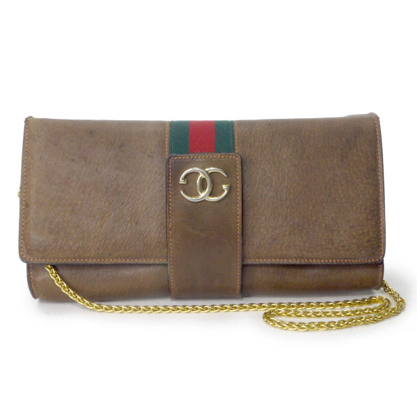 OLD Gucci ピグスキン横長チェーンクラッチバッグ（茶）