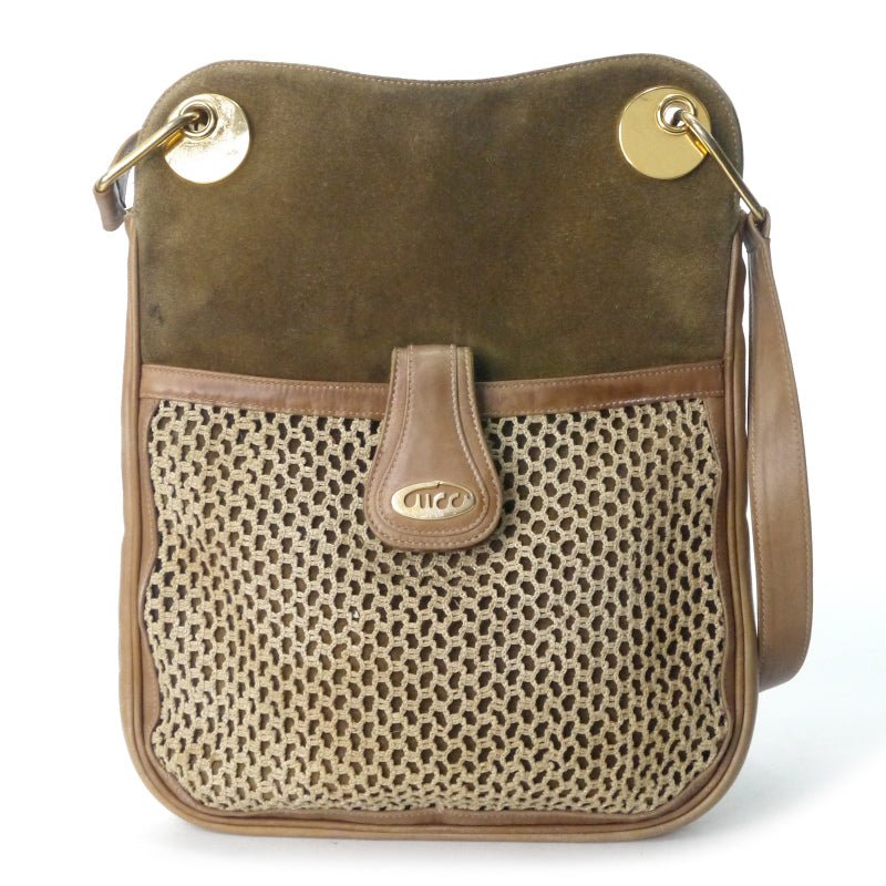OLD Gucci　激レア!!筆記体ロゴ メッシュポケットスエードショルダー（茶）