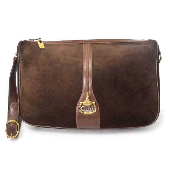 OLD Gucci　筆記体ビットロゴ スエード大型ショルダー（茶）