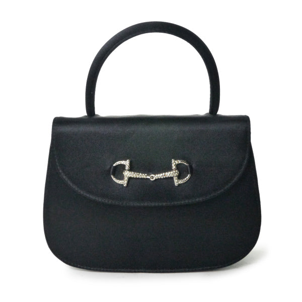 OLD Gucci ホースビット×ラインストーン サテンミニハンドバッグ（黒）