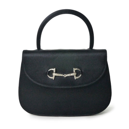 OLD Gucci ホースビット×ラインストーン サテンミニハンドバッグ（黒）