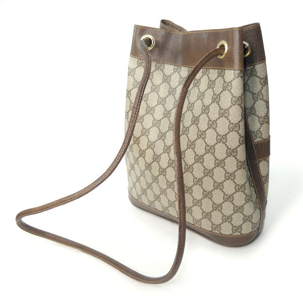 OLD Gucci　筆記体ロゴ巾着型シェリーWショルダー（茶）