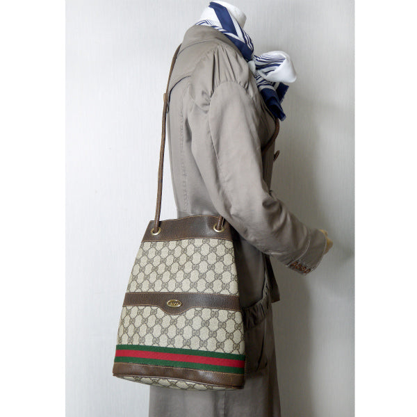 OLD Gucci　筆記体ロゴ巾着型シェリーWショルダー（茶）