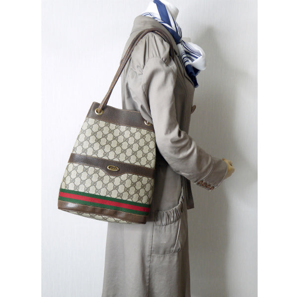 OLD Gucci　筆記体ロゴ巾着型シェリーWショルダー（茶）