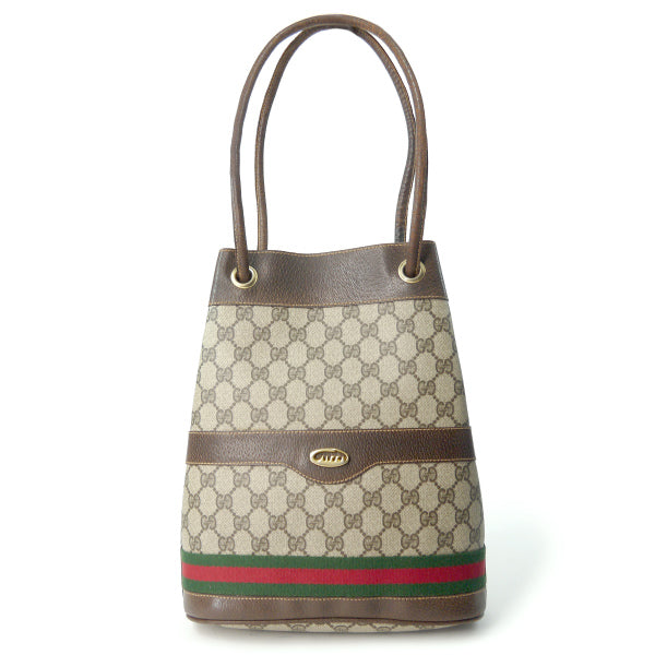 OLD Gucci　筆記体ロゴ巾着型シェリーWショルダー（茶）