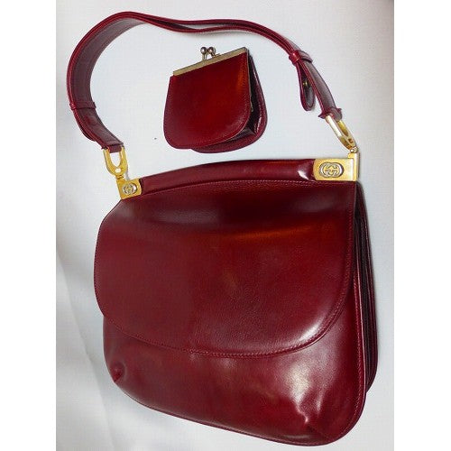 OLD Gucci 総皮ワインレッド財布付きショルダー