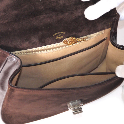 OLD Gucci シルバー持ち手スエードハンドバッグ（茶）