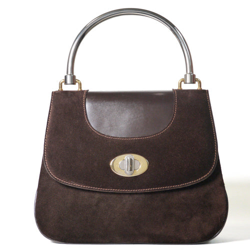 OLD Gucci シルバー持ち手スエードハンドバッグ（茶）