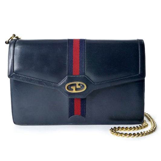 OLD Gucci チェーン総革クラッチショルダー（濃紺）