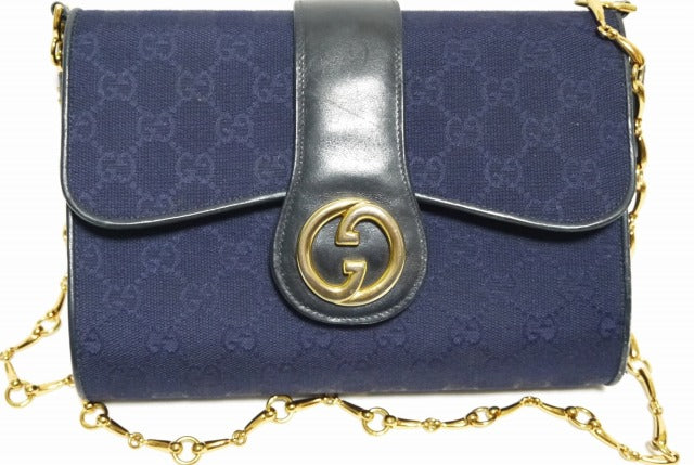 OLD Gucci チェーンクラッチバッグ（紺ジャガード）