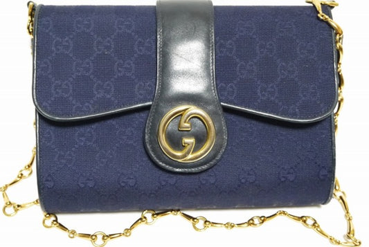 OLD Gucci チェーンクラッチバッグ（紺ジャガード）
