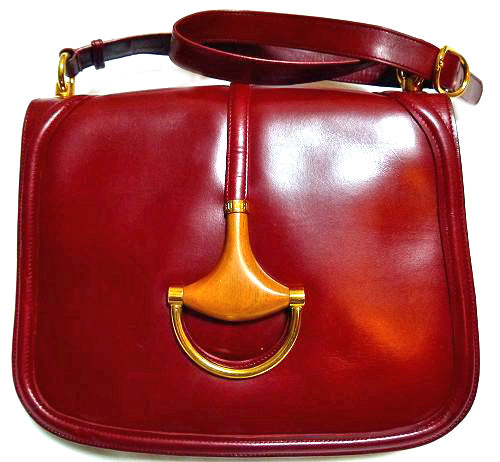 OLD Gucci ボルドーワイン総皮ウッドビットショルダー