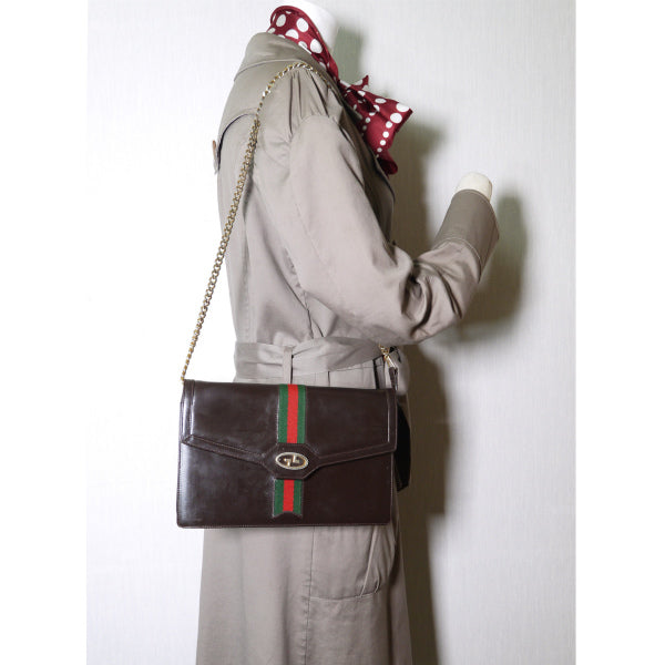 OLD Gucci チェーン総革クラッチショルダー（濃茶）