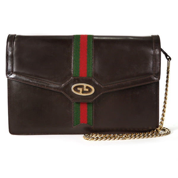 OLD Gucci チェーン総革クラッチショルダー（濃茶）