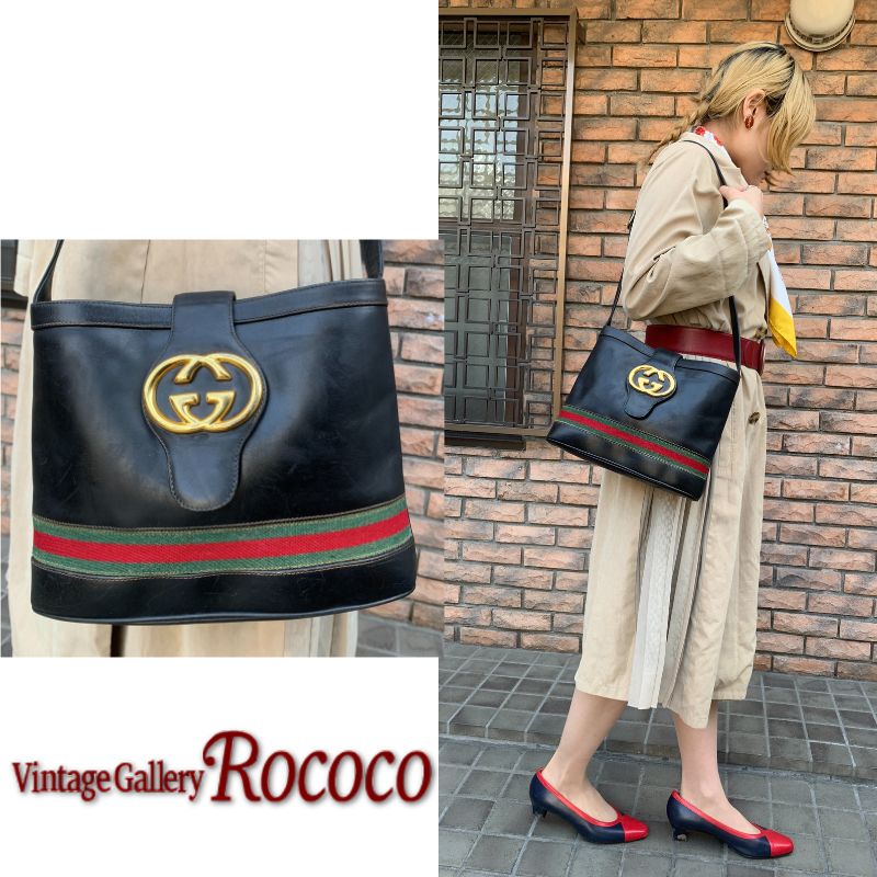 OLD Gucci 80s!GG金具バケツ型ショルダー（黒）