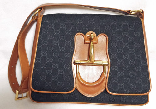 OLD Gucci　ジャガード織ショルダー（紺×茶）