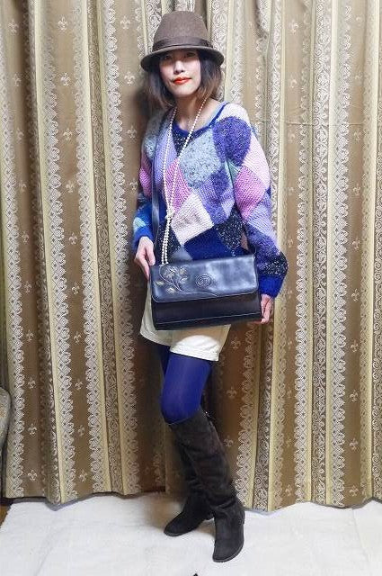 OLD Gucci　黒総革　花刺繍ショルダー